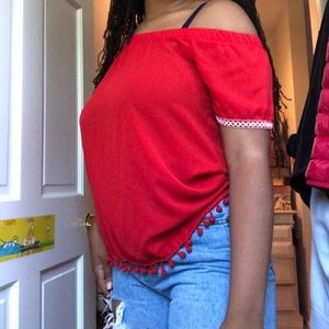 Off shoulder red shirt